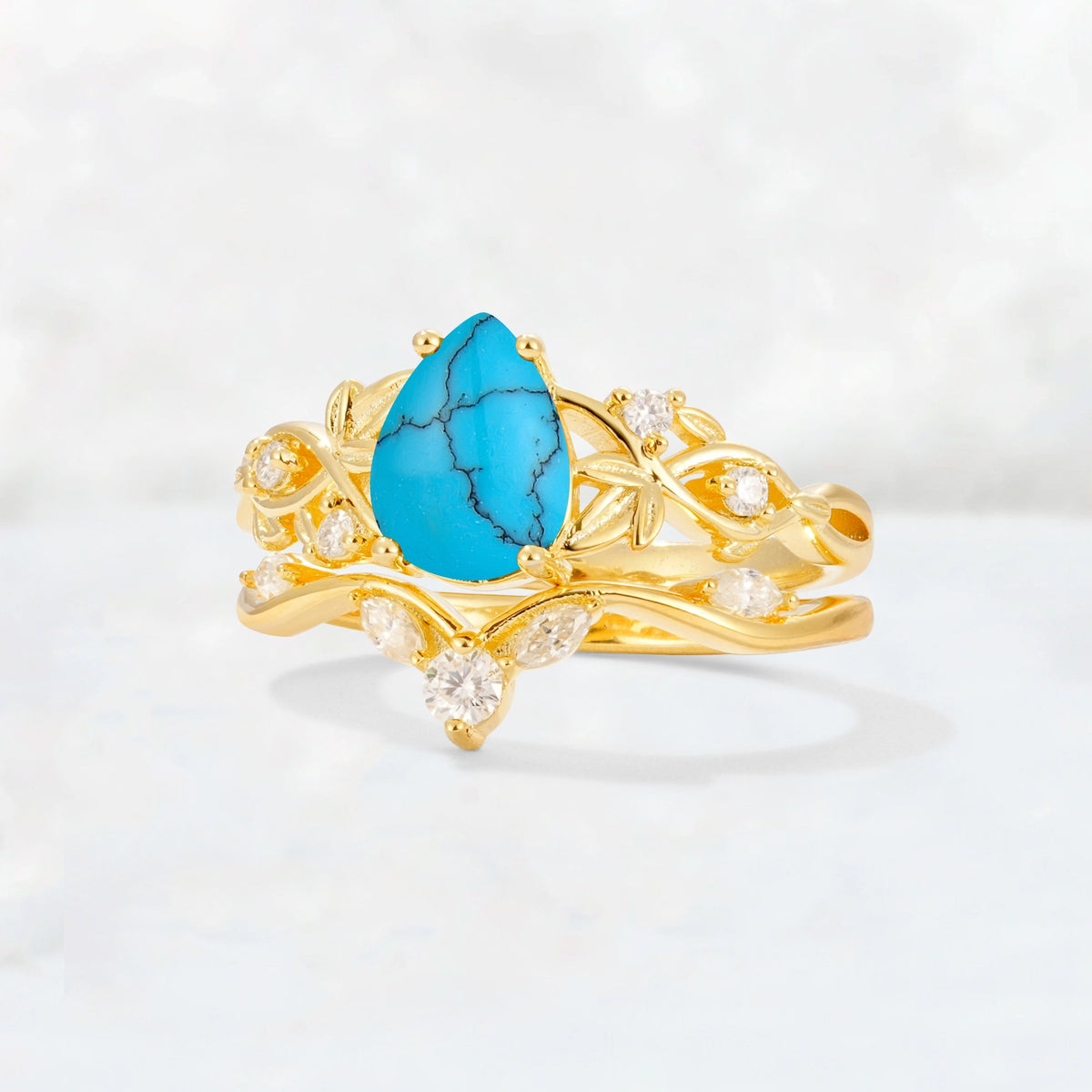 Pear Cut Turquoise Nature-Inspired Bridal Ring Set - Rose-Gold