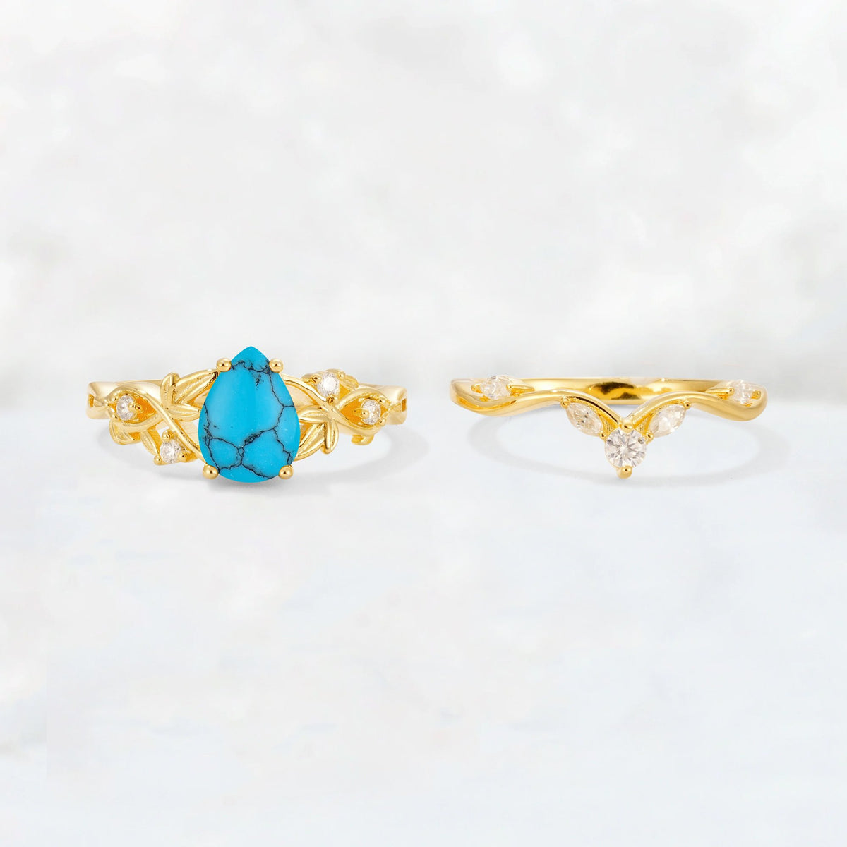 Pear Cut Turquoise Nature-Inspired Bridal Ring Set - White-Gold