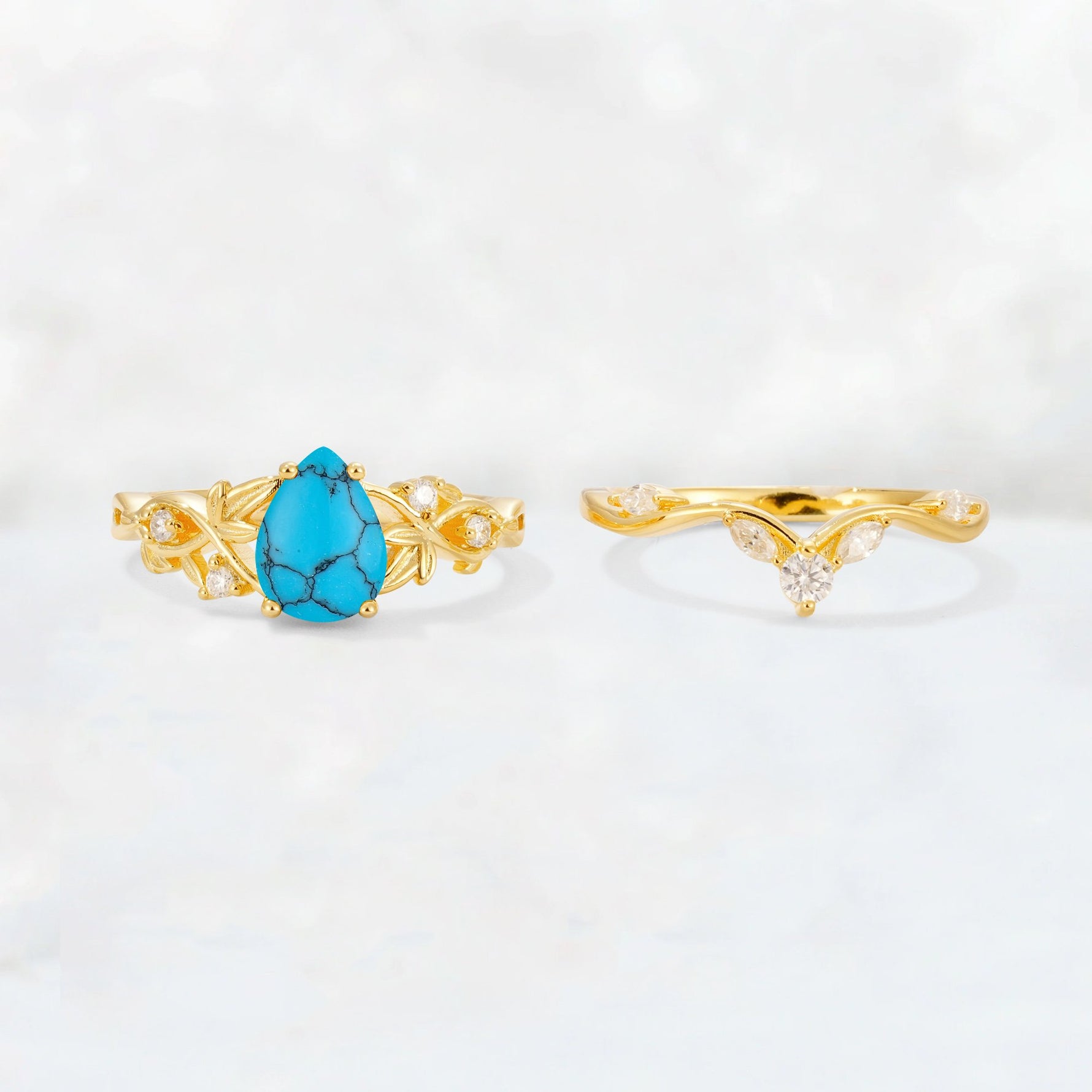 Pear Cut Turquoise Nature-Inspired Bridal Ring Set - White-Gold