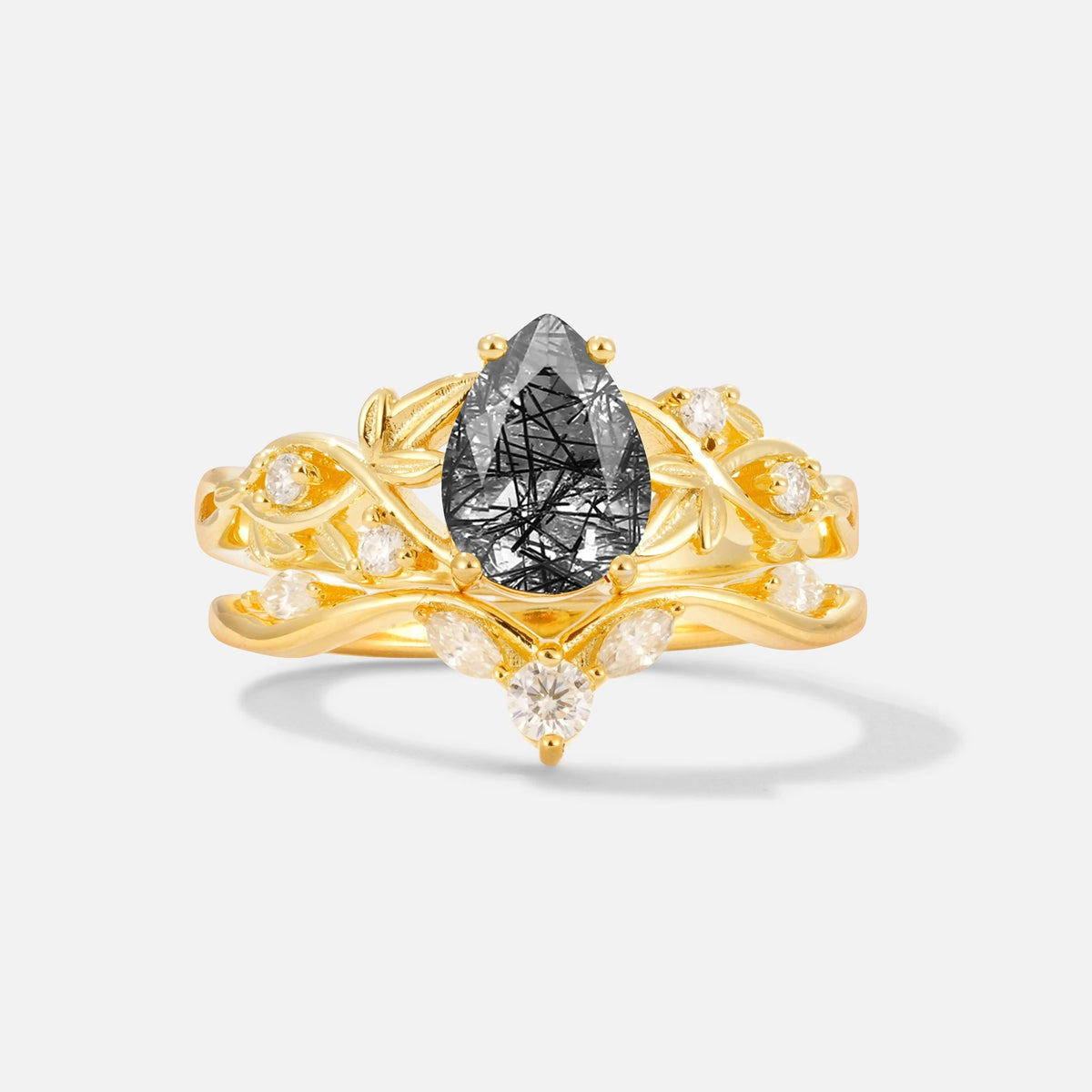 Pear Cut Black Rutilated Quartz Nature-Inspired Bridal Ring Set - Yellow-Gold