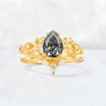 Pear Cut Black Rutilated Quartz Nature-Inspired Bridal Ring Set - Yellow-Gold