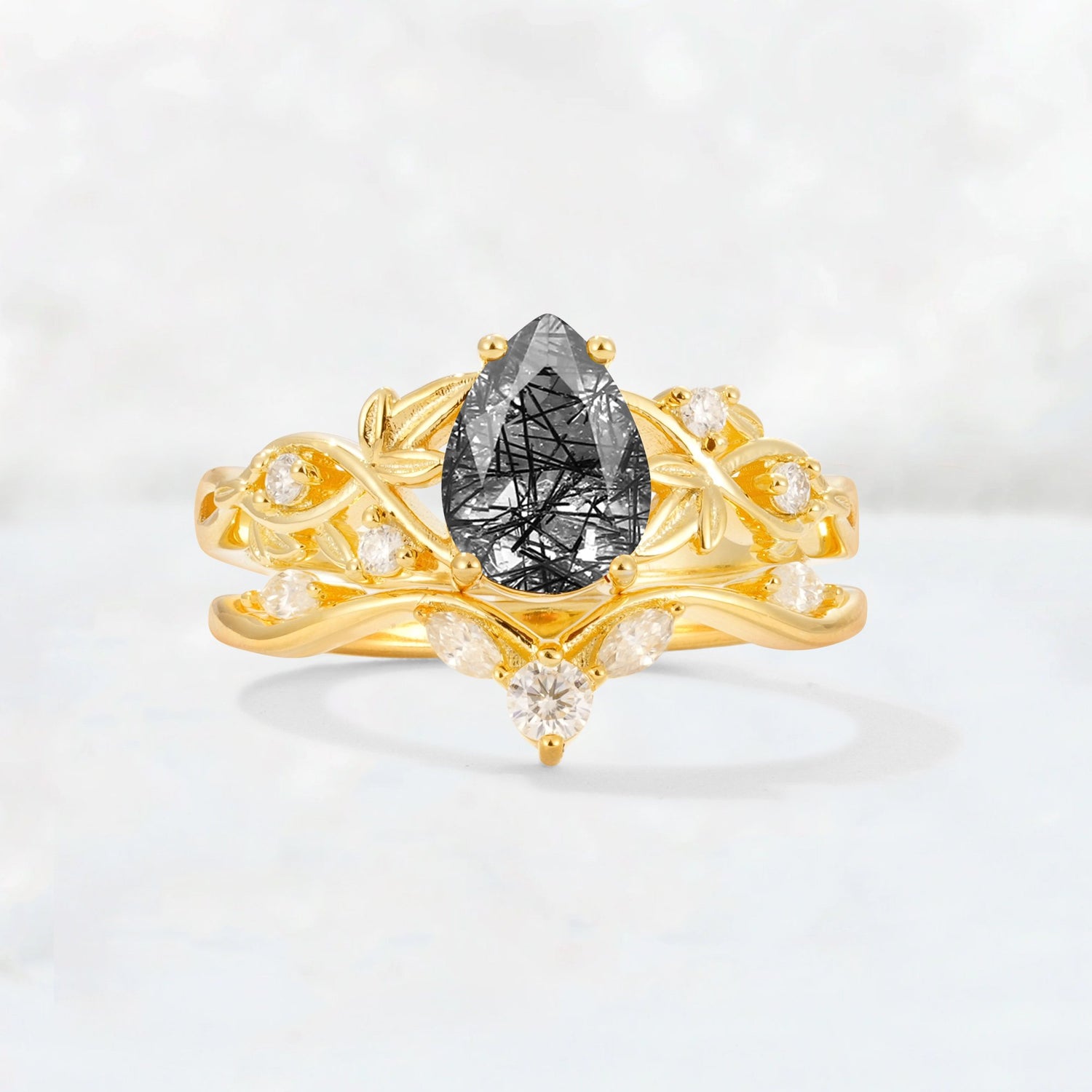 Pear Cut Black Rutilated Quartz Nature-Inspired Bridal Ring Set - Yellow-Gold