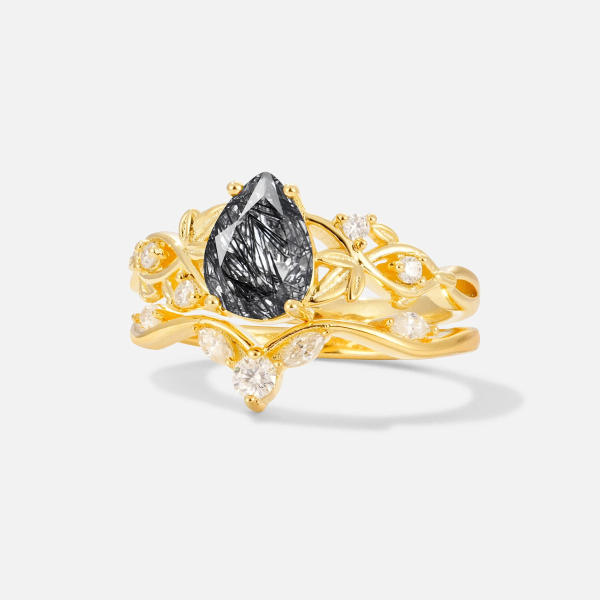 Pear Cut Black Rutilated Quartz Nature-Inspired Bridal Ring Set - Rose-Gold