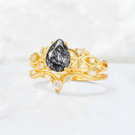 Pear Cut Black Rutilated Quartz Nature-Inspired Bridal Ring Set - Rose-Gold