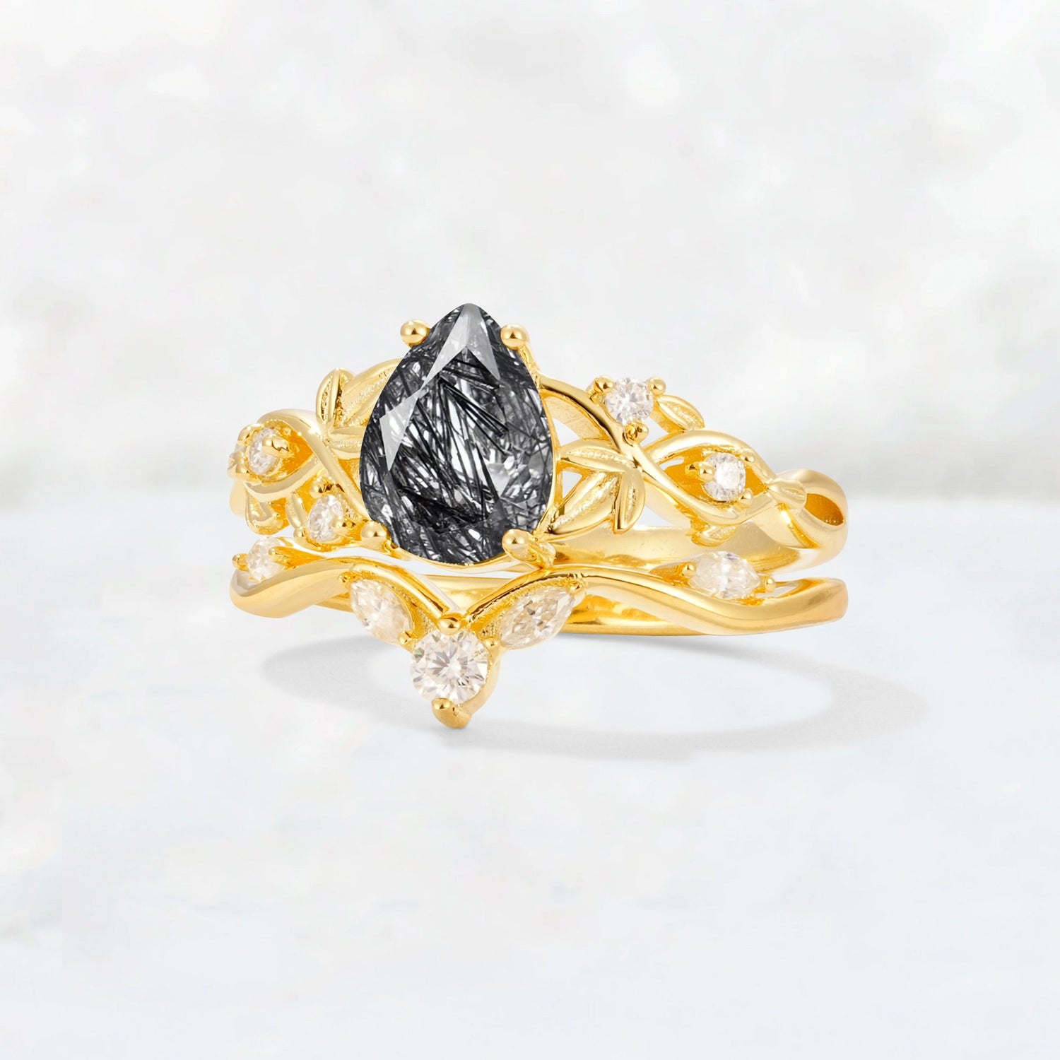 Pear Cut Black Rutilated Quartz Nature-Inspired Bridal Ring Set - Rose-Gold
