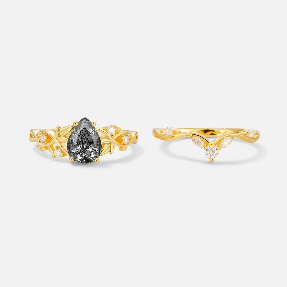 Pear Cut Black Rutilated Quartz Nature-Inspired Bridal Ring Set - White-Gold