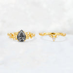Pear Cut Black Rutilated Quartz Nature-Inspired Bridal Ring Set - White-Gold