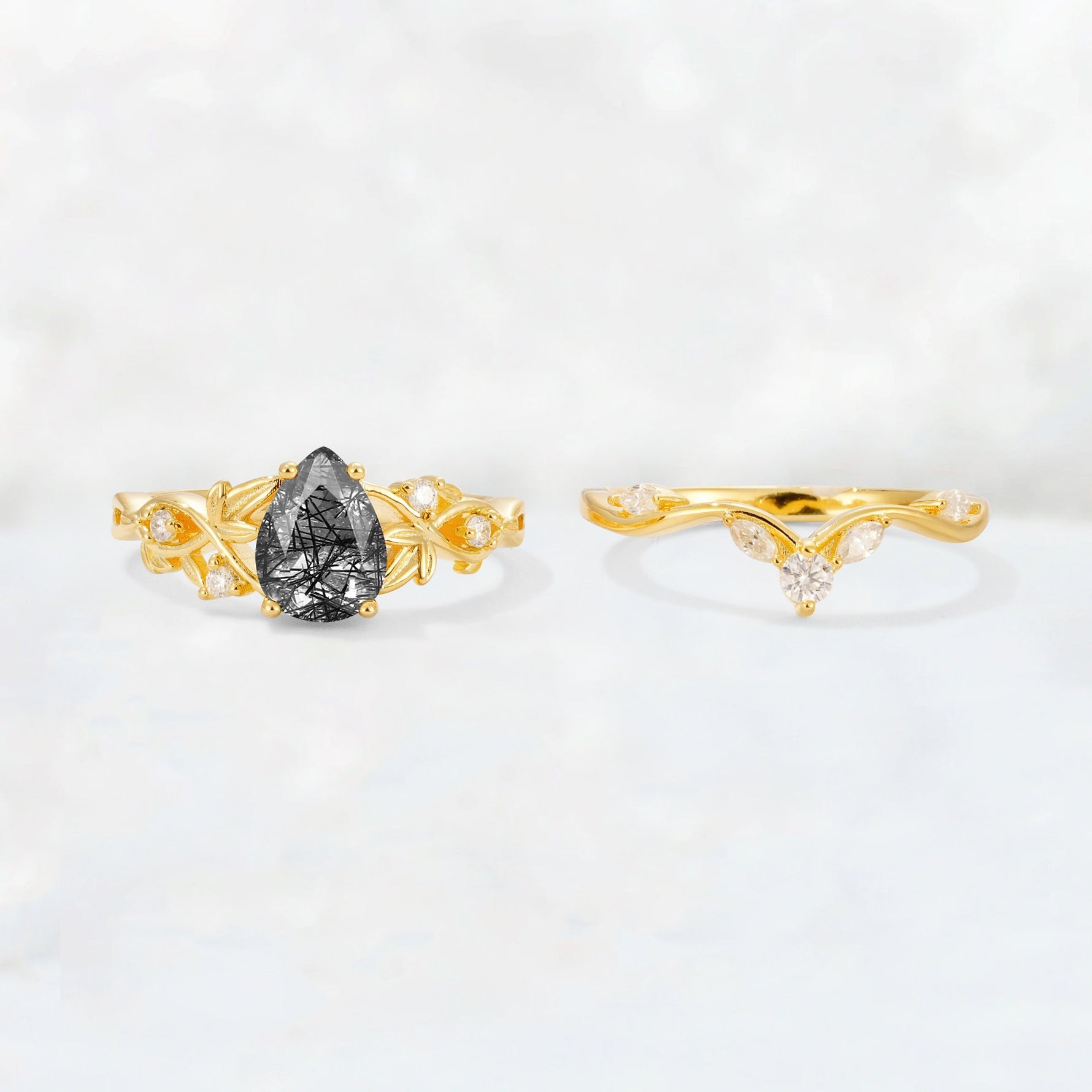 Pear Cut Black Rutilated Quartz Nature-Inspired Bridal Ring Set - White-Gold