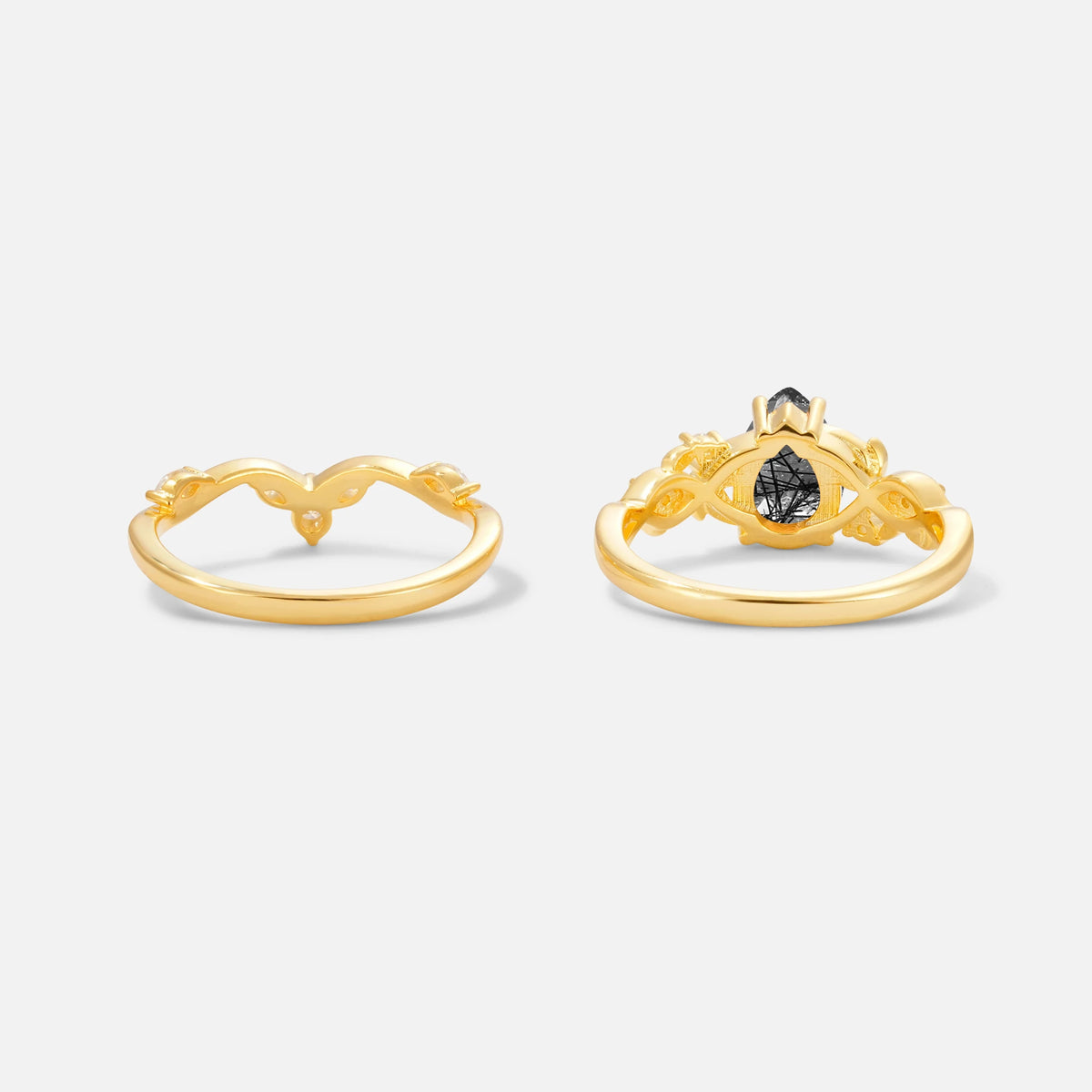 Pear Cut Black Rutilated Quartz Nature-Inspired Bridal Ring Set - Additional view