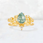 Pear Cut Moss Agate Nature-Inspired Bridal Ring Set - Yellow-Gold