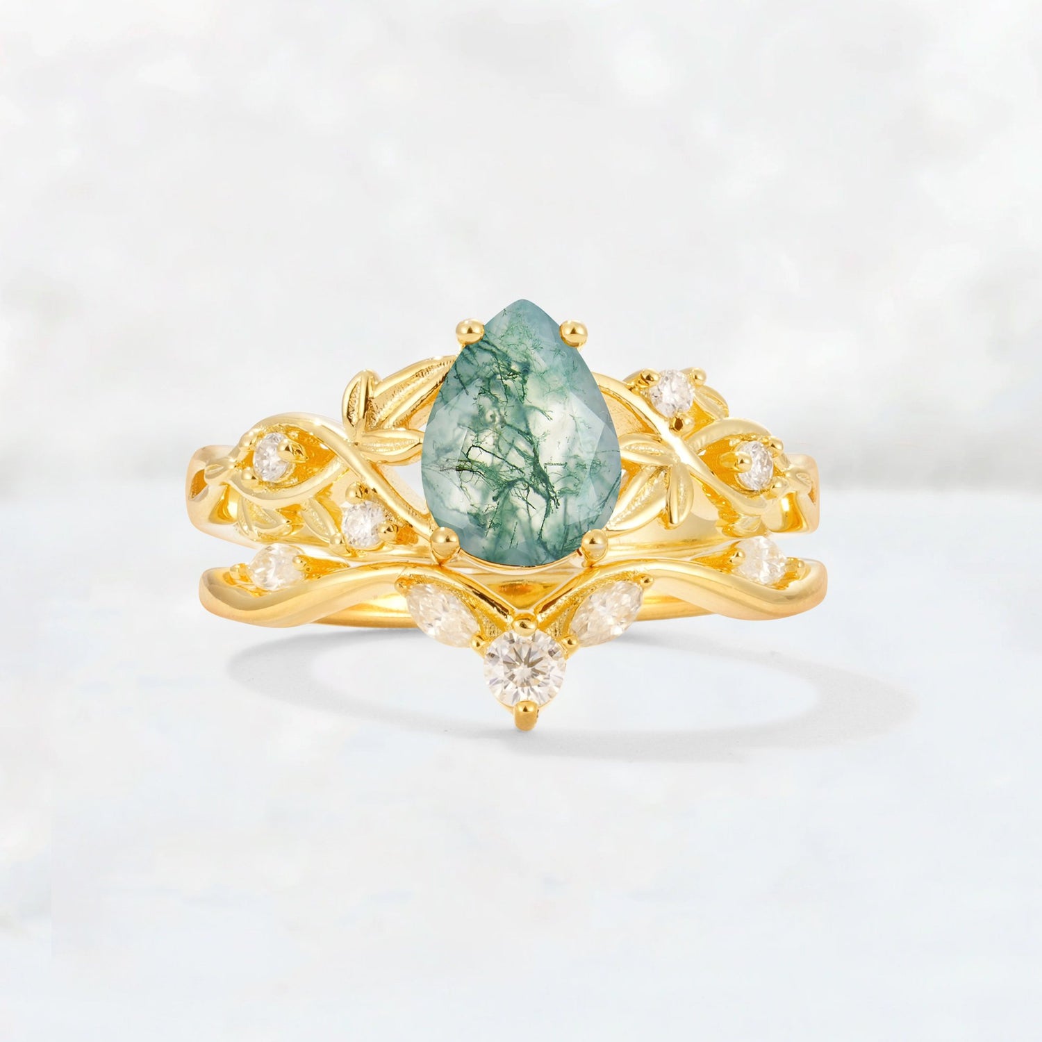 Pear Cut Moss Agate Nature-Inspired Bridal Ring Set - Yellow-Gold