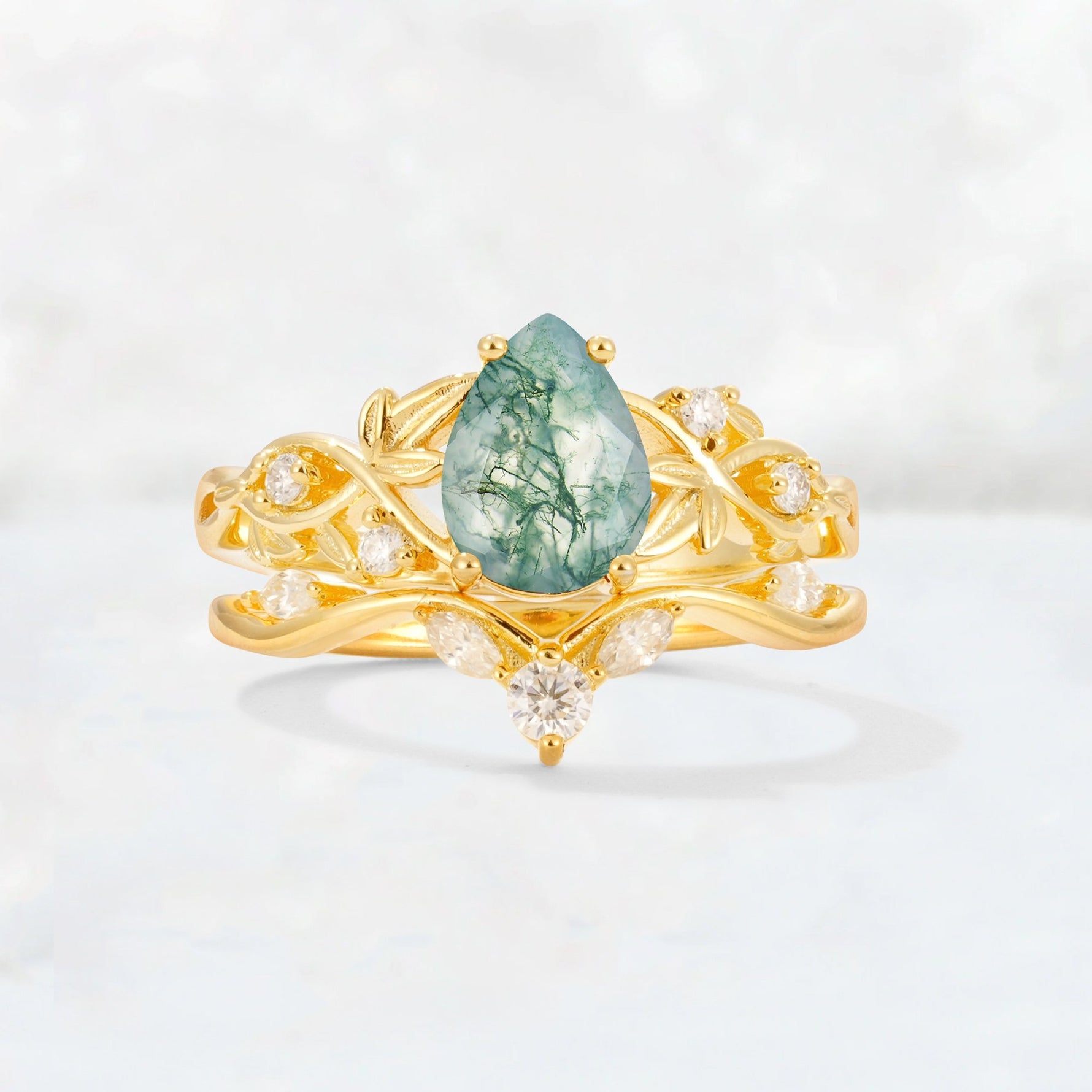 Pear Cut Moss Agate Nature-Inspired Bridal Ring Set - Yellow-Gold