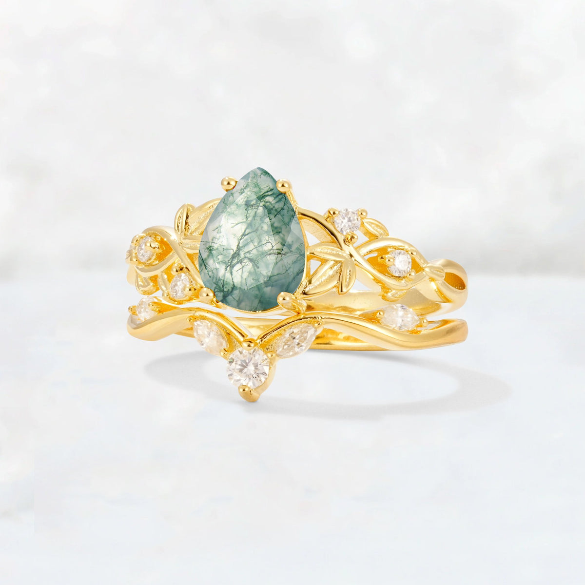 Pear Cut Moss Agate Nature-Inspired Bridal Ring Set - Rose-Gold