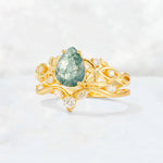 Pear Cut Moss Agate Nature-Inspired Bridal Ring Set - Rose-Gold