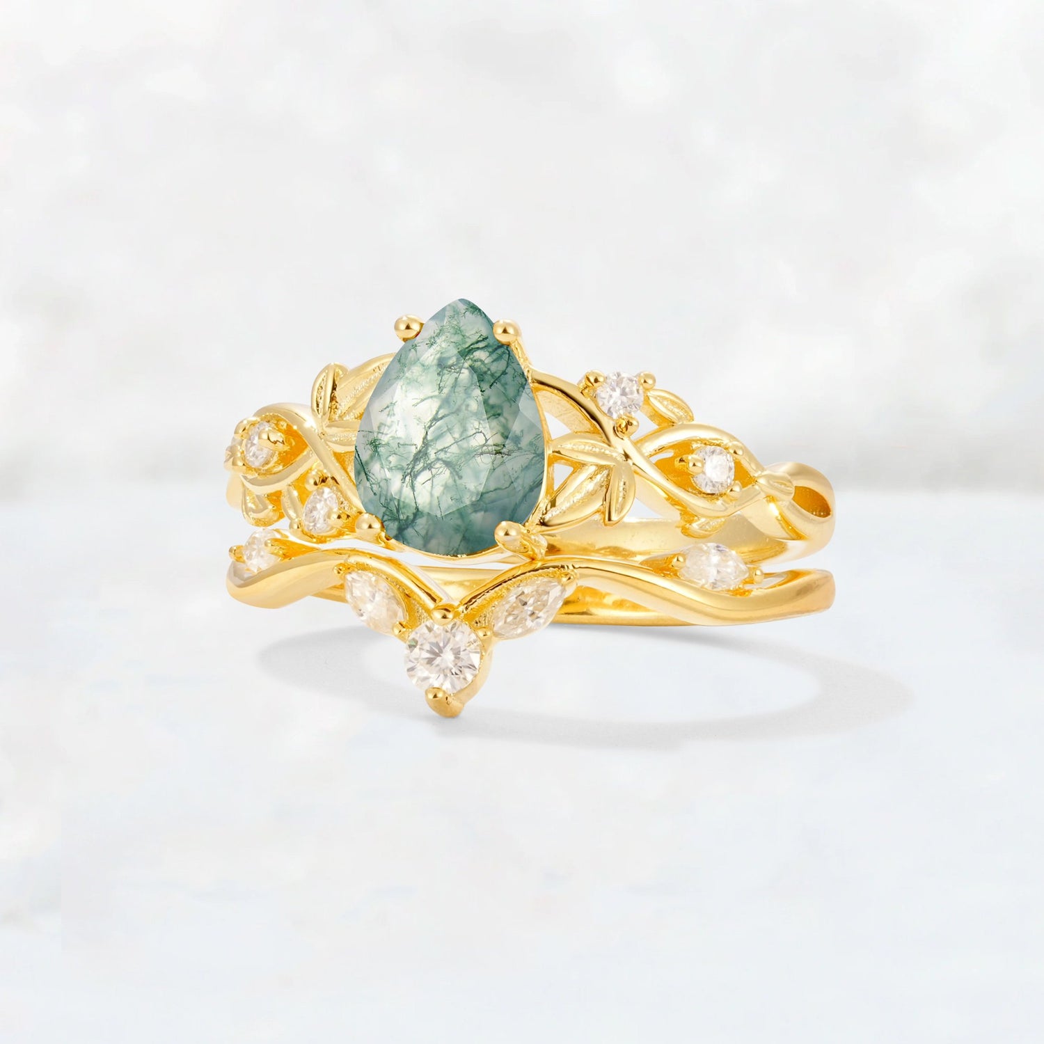 Pear Cut Moss Agate Nature-Inspired Bridal Ring Set - Rose-Gold