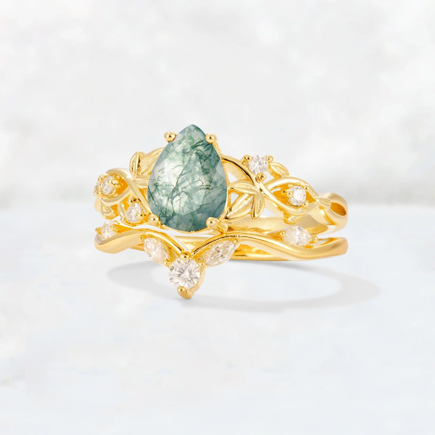 Pear Cut Moss Agate Nature-Inspired Bridal Ring Set - Rose-Gold