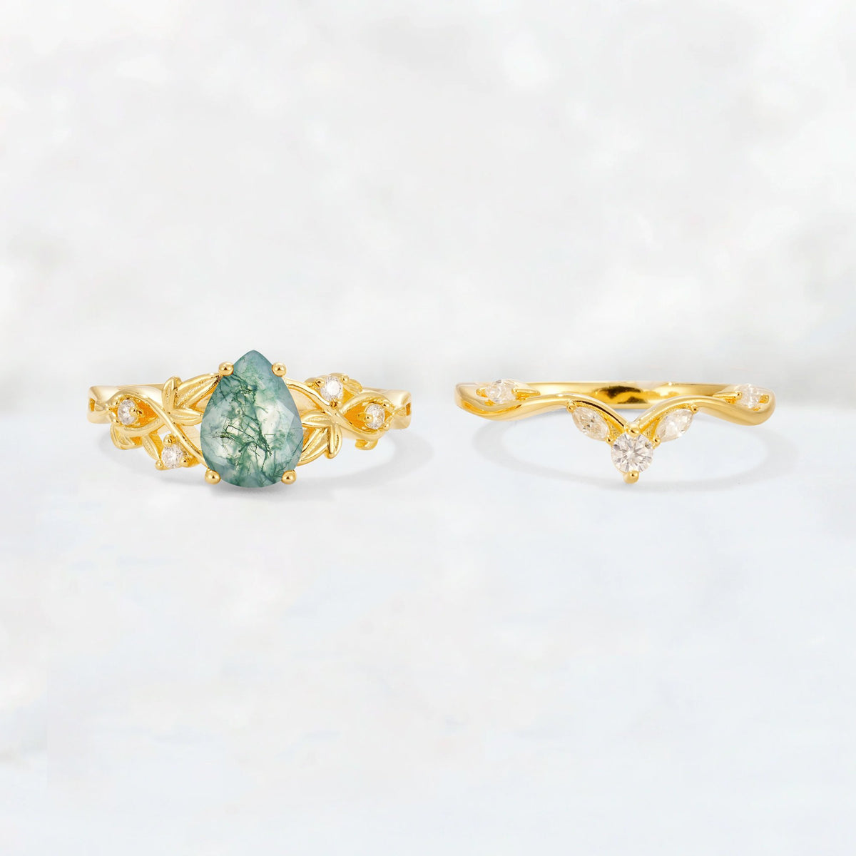 Pear Cut Moss Agate Nature-Inspired Bridal Ring Set - White-Gold