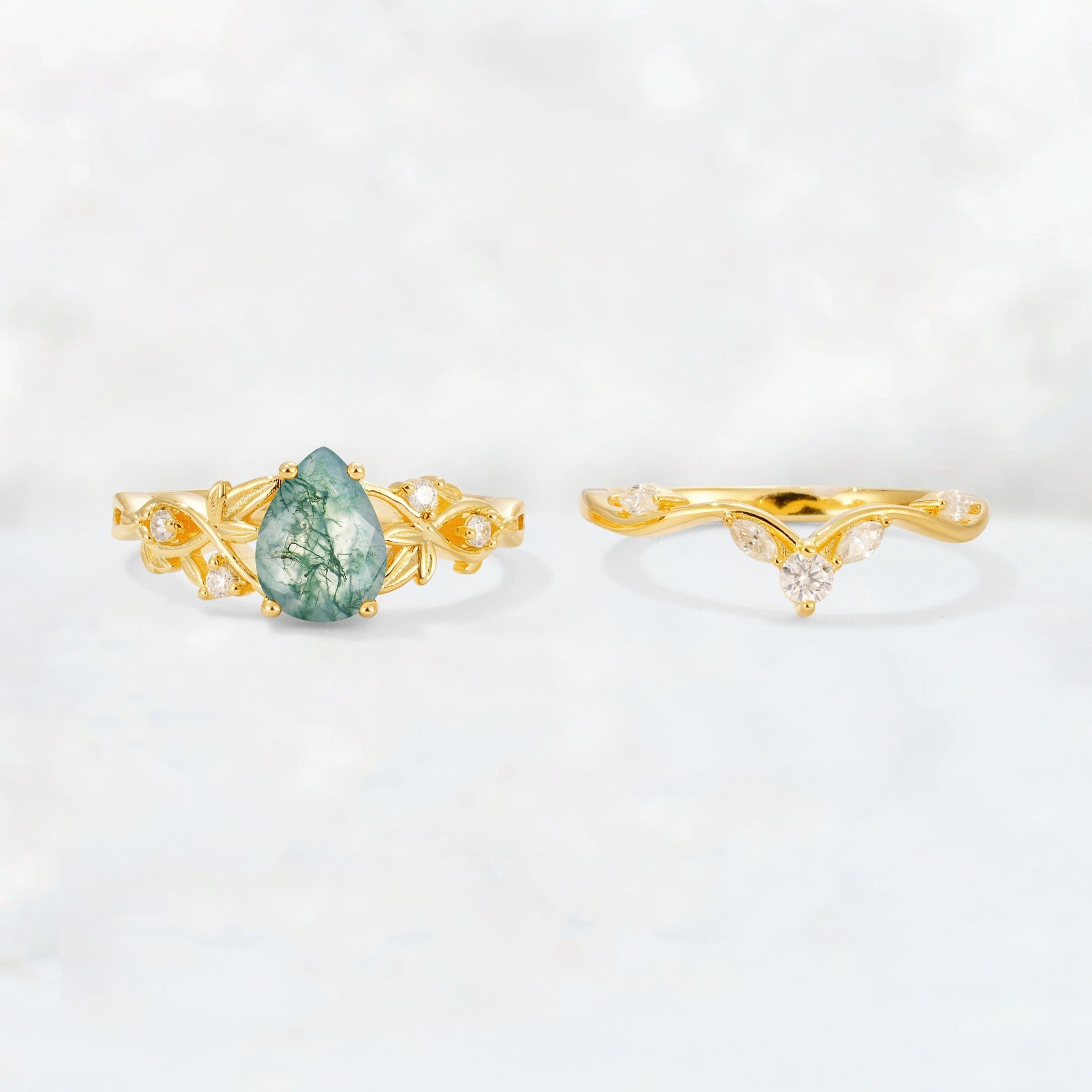 Pear Cut Moss Agate Nature-Inspired Bridal Ring Set - White-Gold