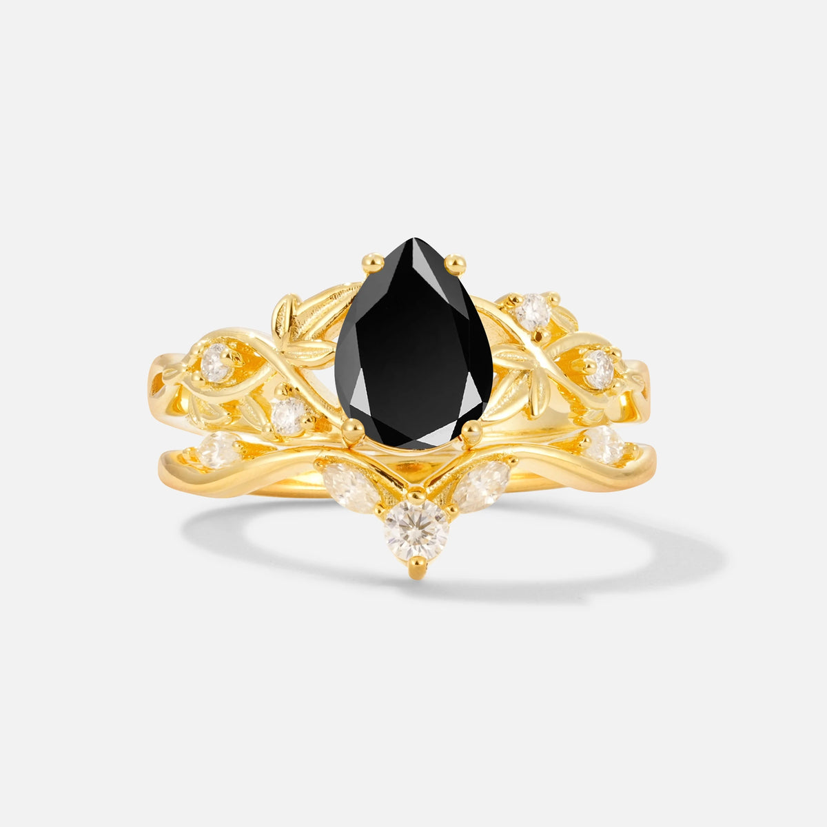 Pear Cut Black Onyx Nature-Inspired Bridal Ring Set - Yellow-Gold
