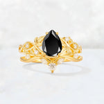Pear Cut Black Onyx Nature-Inspired Bridal Ring Set - Yellow-Gold