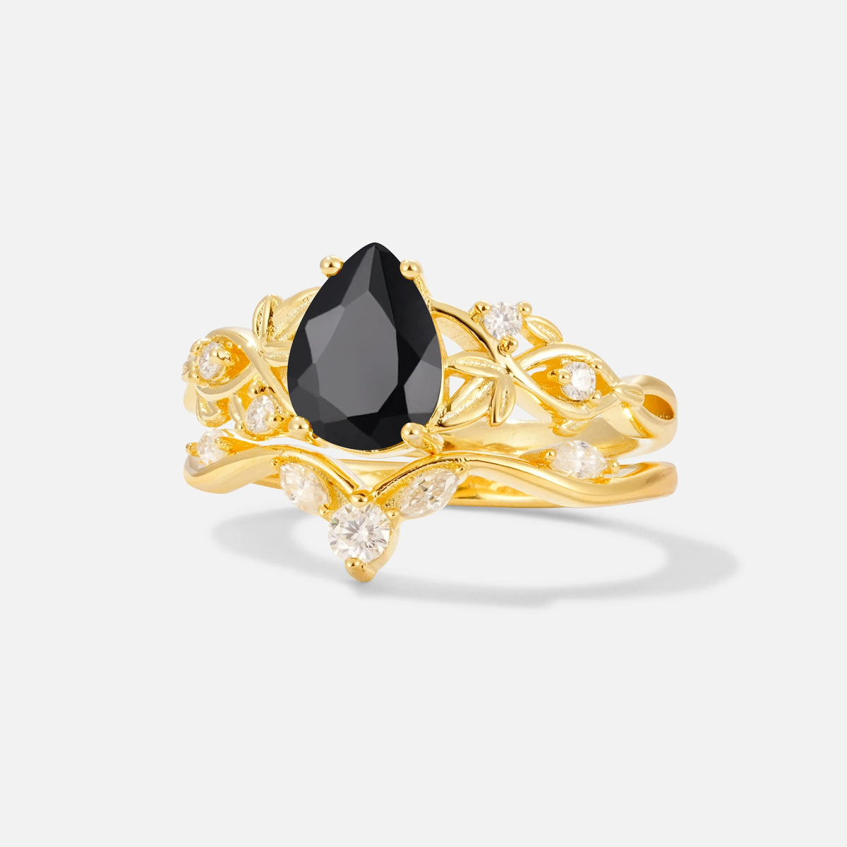 Pear Cut Black Onyx Nature-Inspired Bridal Ring Set - Rose-Gold
