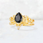 Pear Cut Black Onyx Nature-Inspired Bridal Ring Set - Rose-Gold