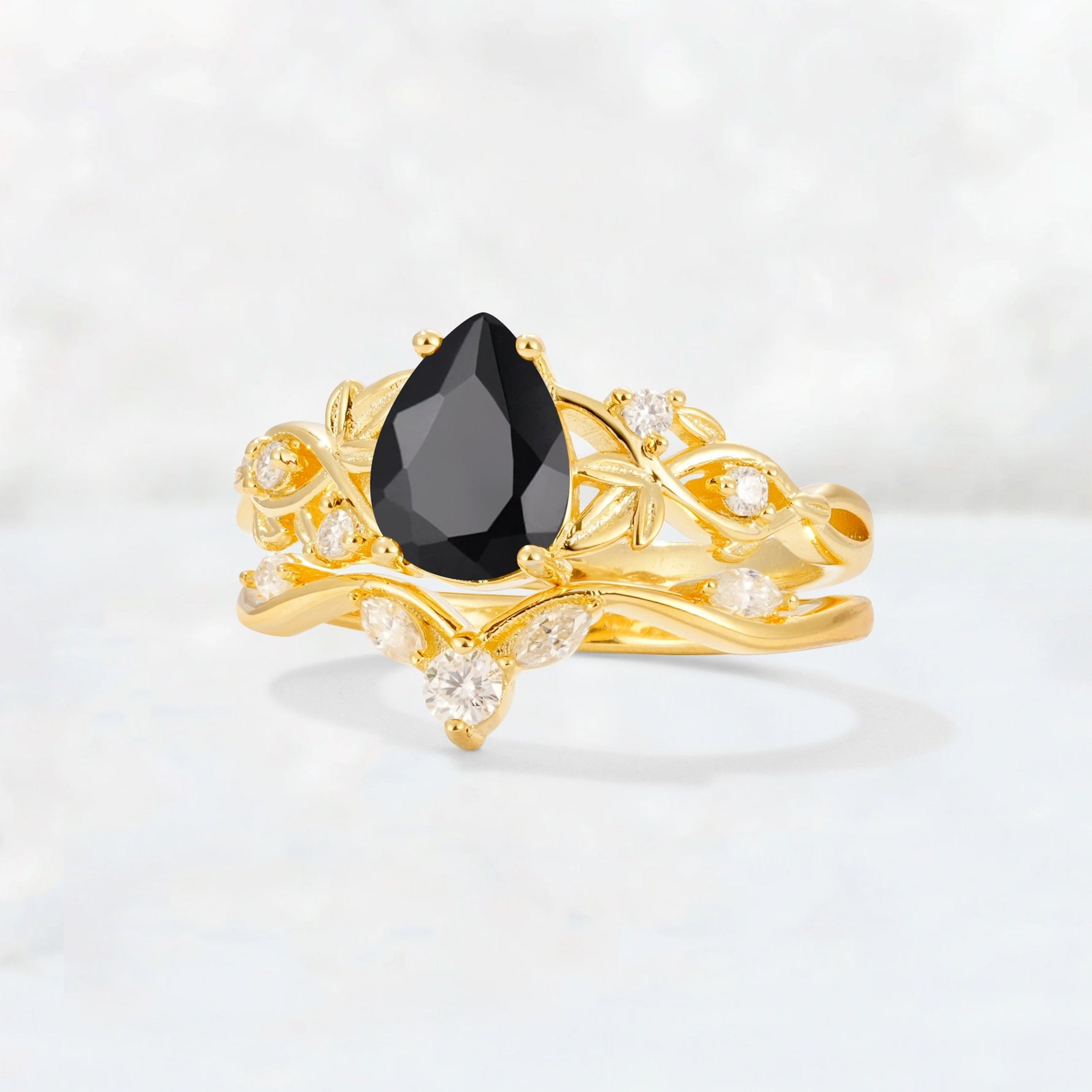 Pear Cut Black Onyx Nature-Inspired Bridal Ring Set - Rose-Gold