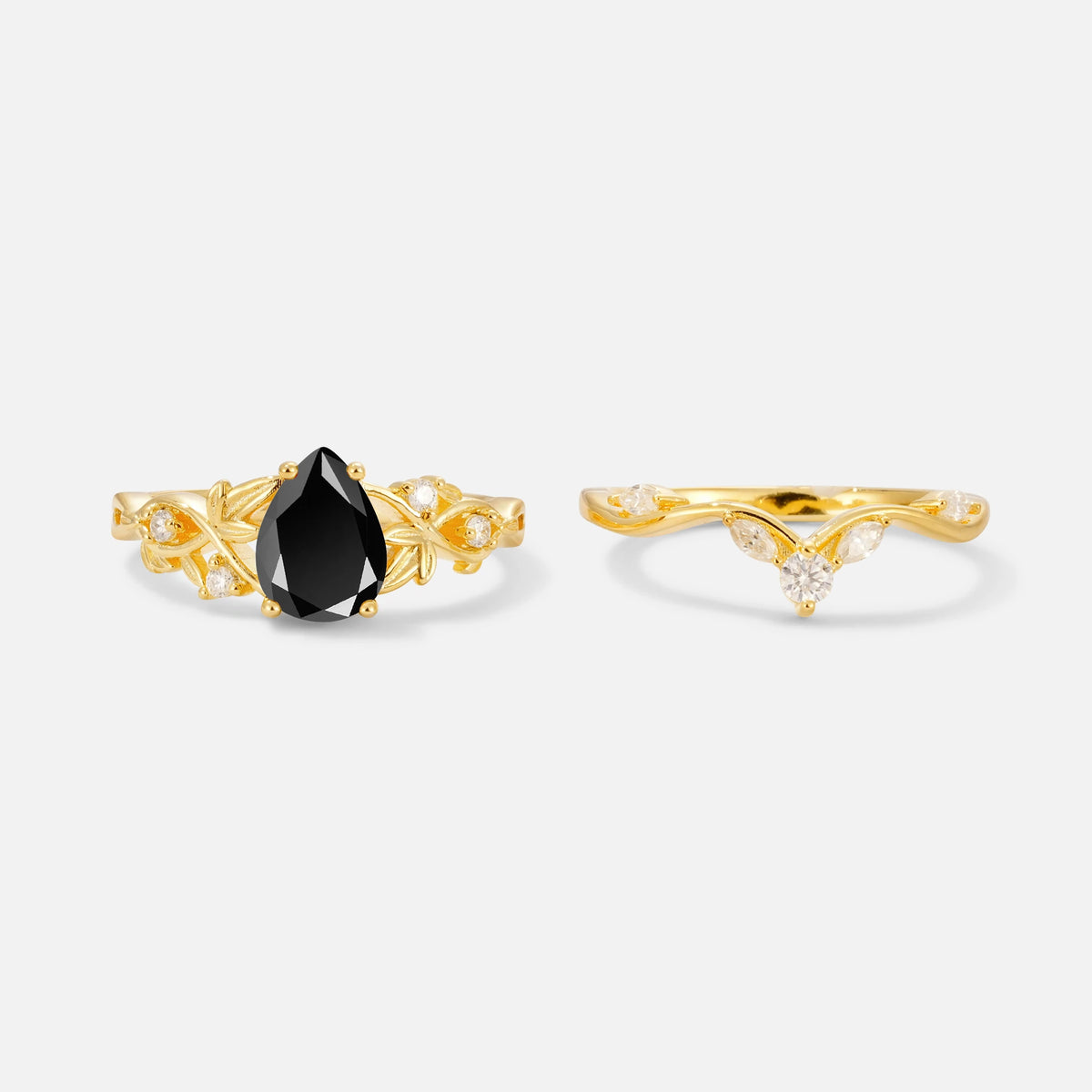 Pear Cut Black Onyx Nature-Inspired Bridal Ring Set - White-Gold