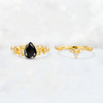Pear Cut Black Onyx Nature-Inspired Bridal Ring Set - White-Gold