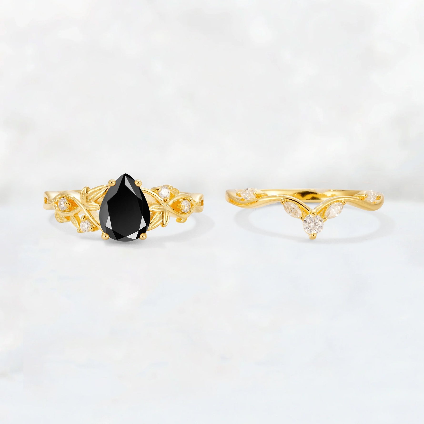 Pear Cut Black Onyx Nature-Inspired Bridal Ring Set - White-Gold