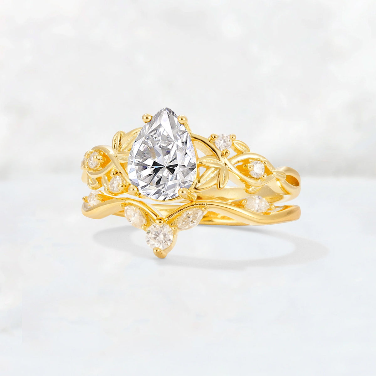 Pear Cut Lab Diamond Nature-Inspired Bridal Ring Set - Rose-Gold