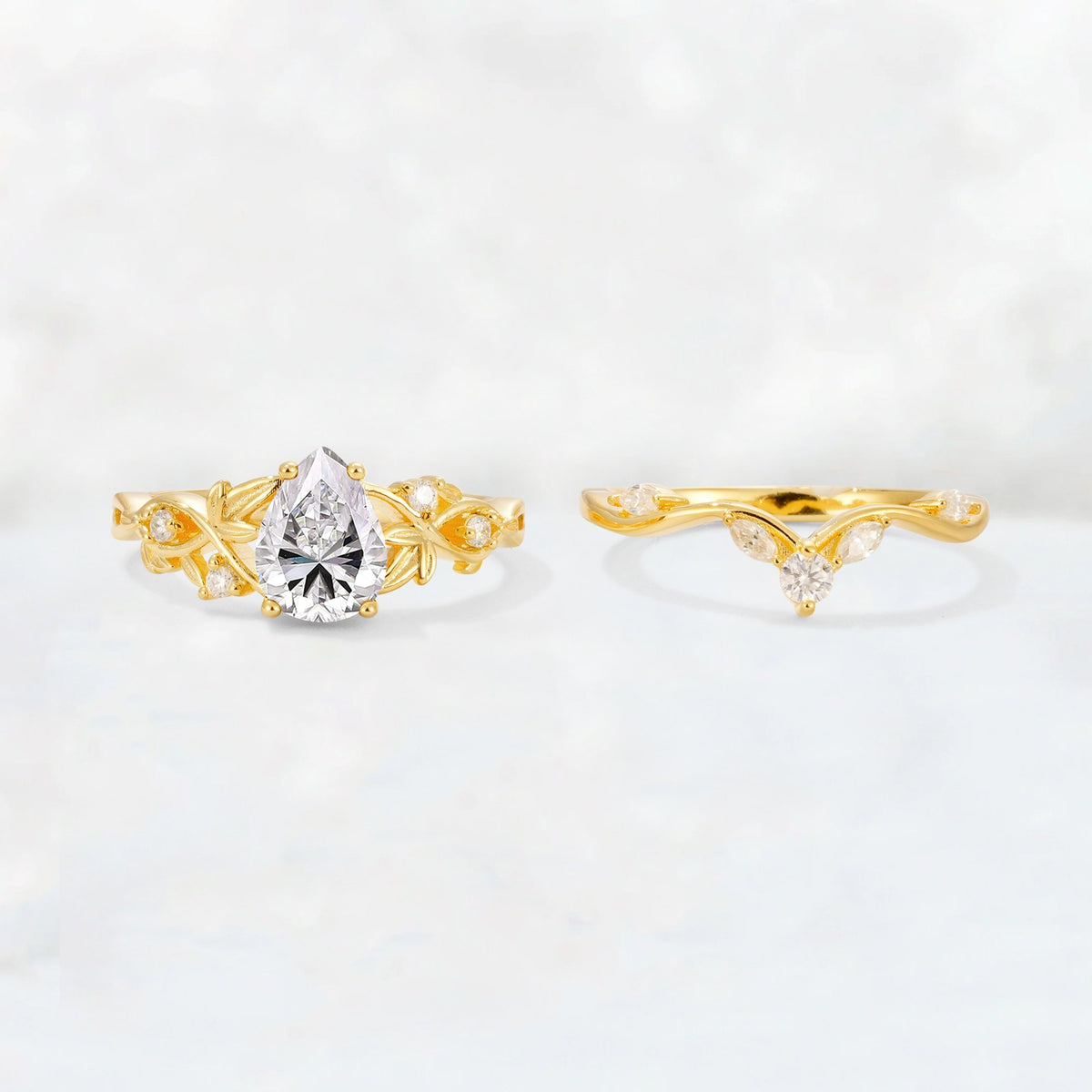 Pear Cut Lab Diamond Nature-Inspired Bridal Ring Set - White-Gold