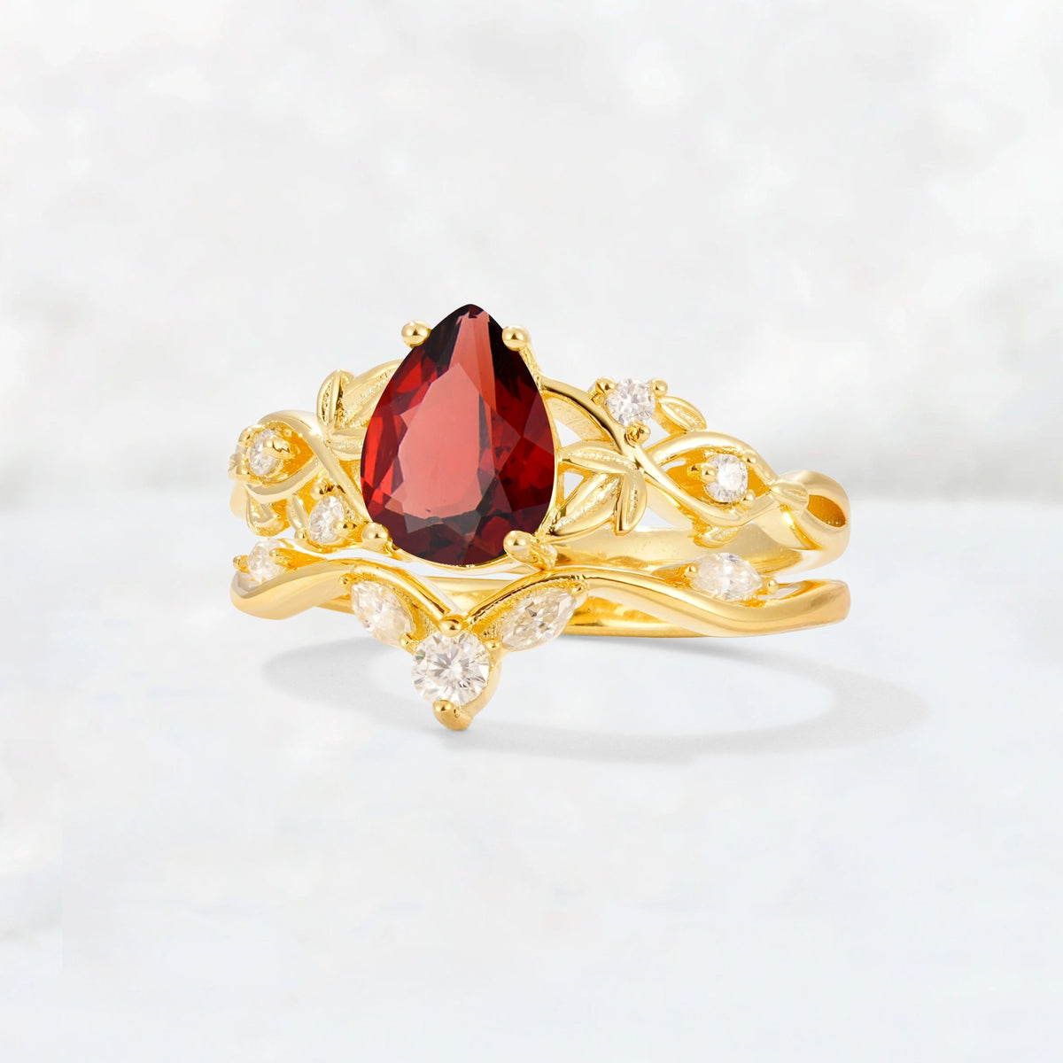 Pear Cut Garnet Nature-Inspired Bridal Ring Set - Rose-Gold