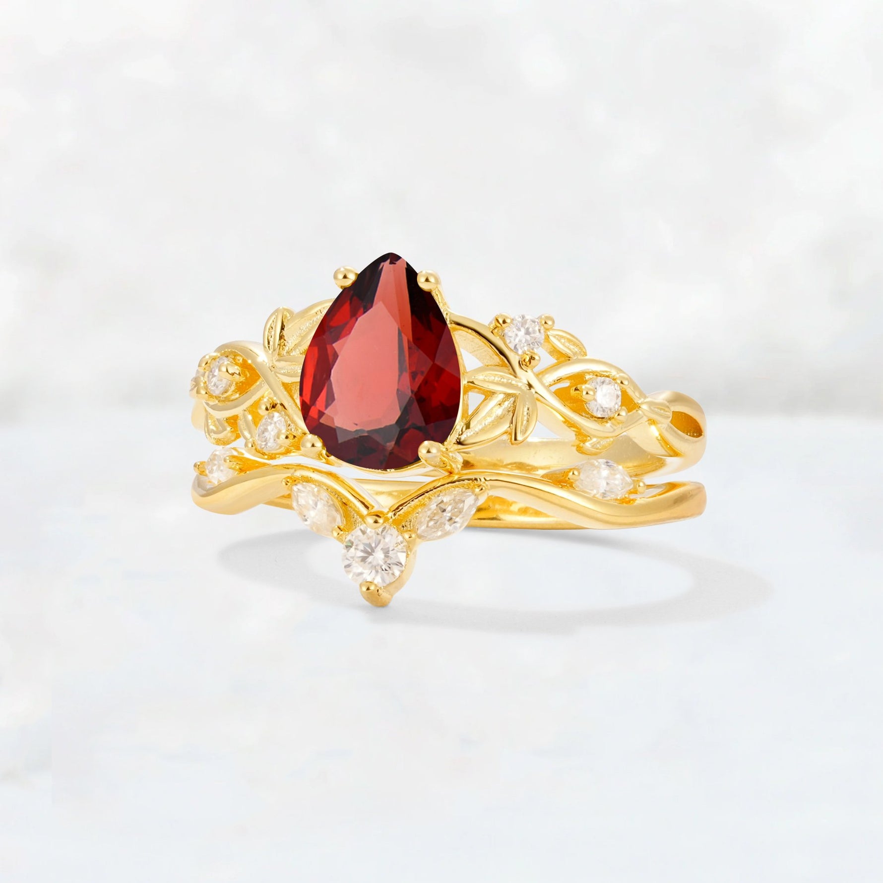 Pear Cut Garnet Nature-Inspired Bridal Ring Set - Rose-Gold