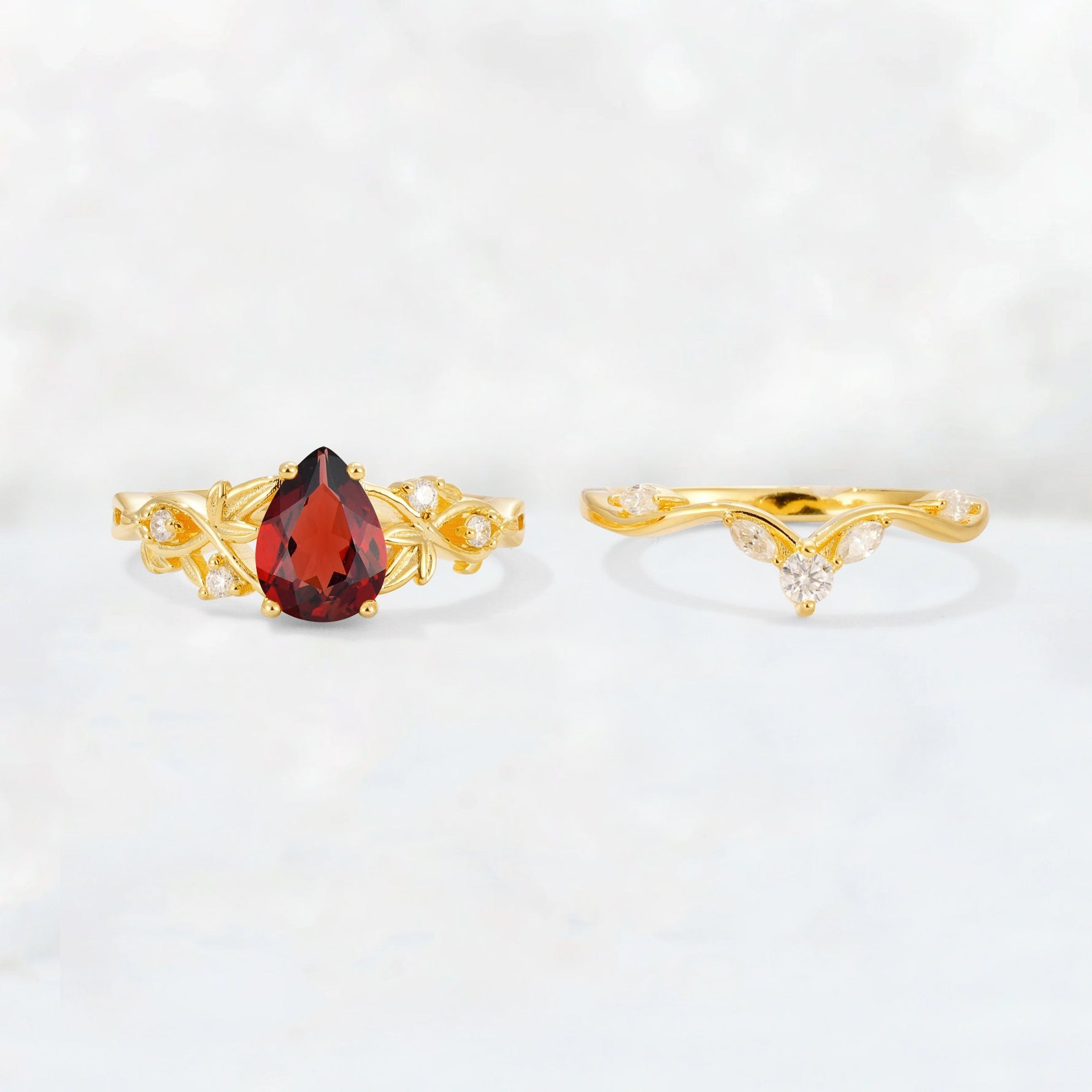 Pear Cut Garnet Nature-Inspired Bridal Ring Set - White-Gold