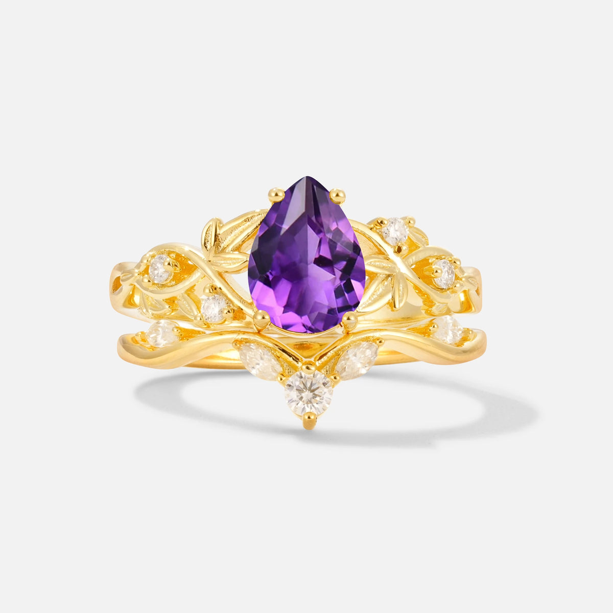 Pear Cut Amethyst Nature-Inspired Bridal Ring Set - Yellow-Gold
