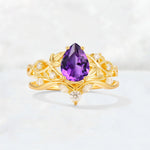 Pear Cut Amethyst Nature-Inspired Bridal Ring Set - Yellow-Gold