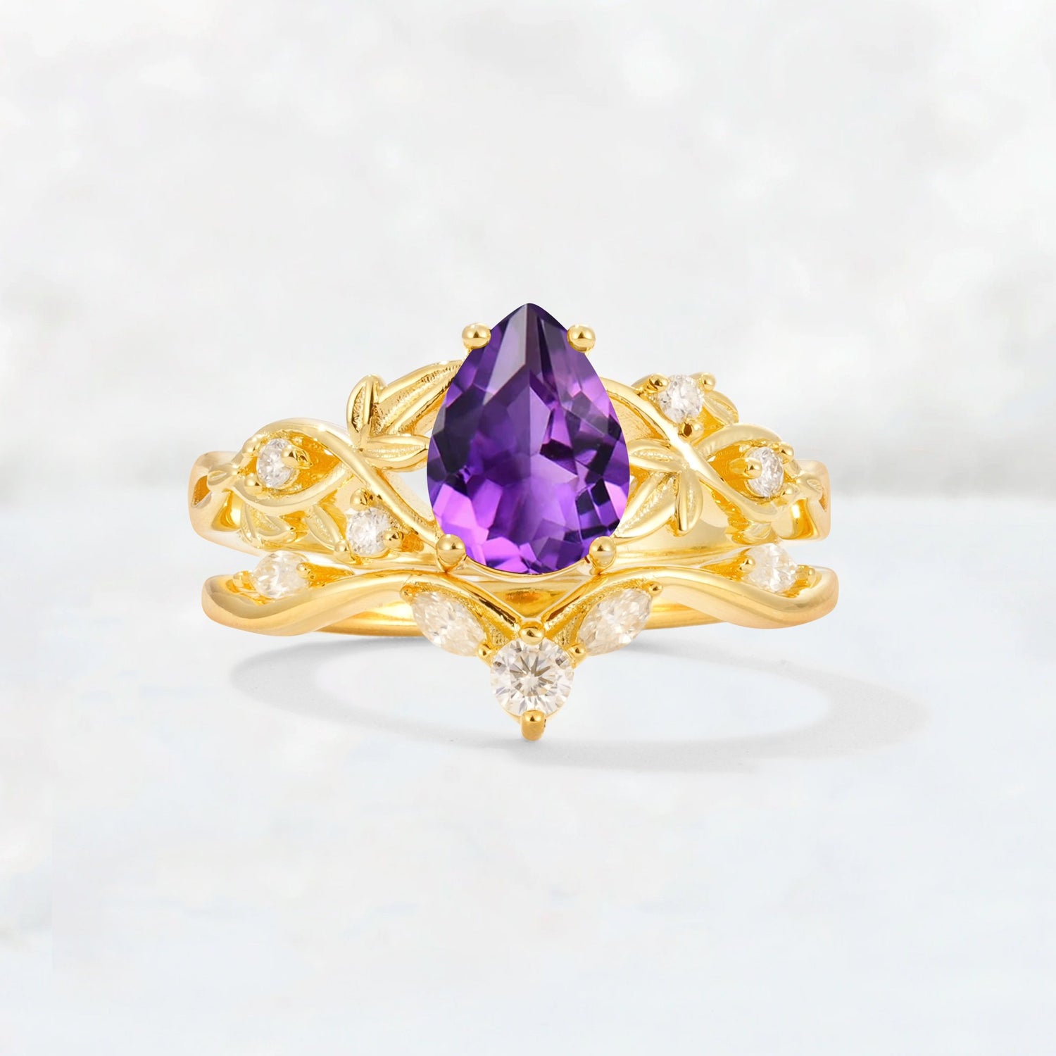 Pear Cut Amethyst Nature-Inspired Bridal Ring Set - Yellow-Gold