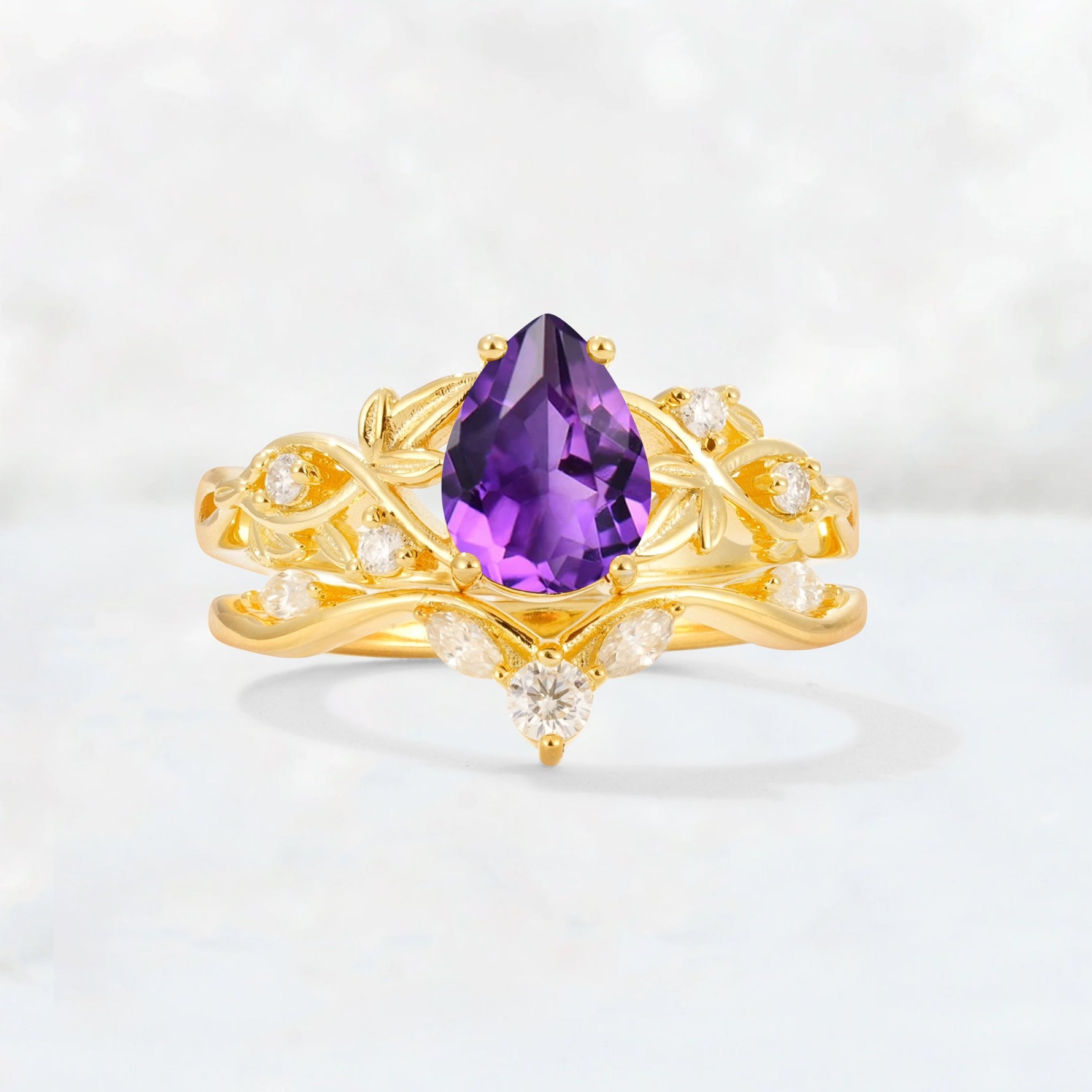 Pear Cut Amethyst Nature-Inspired Bridal Ring Set - Yellow-Gold
