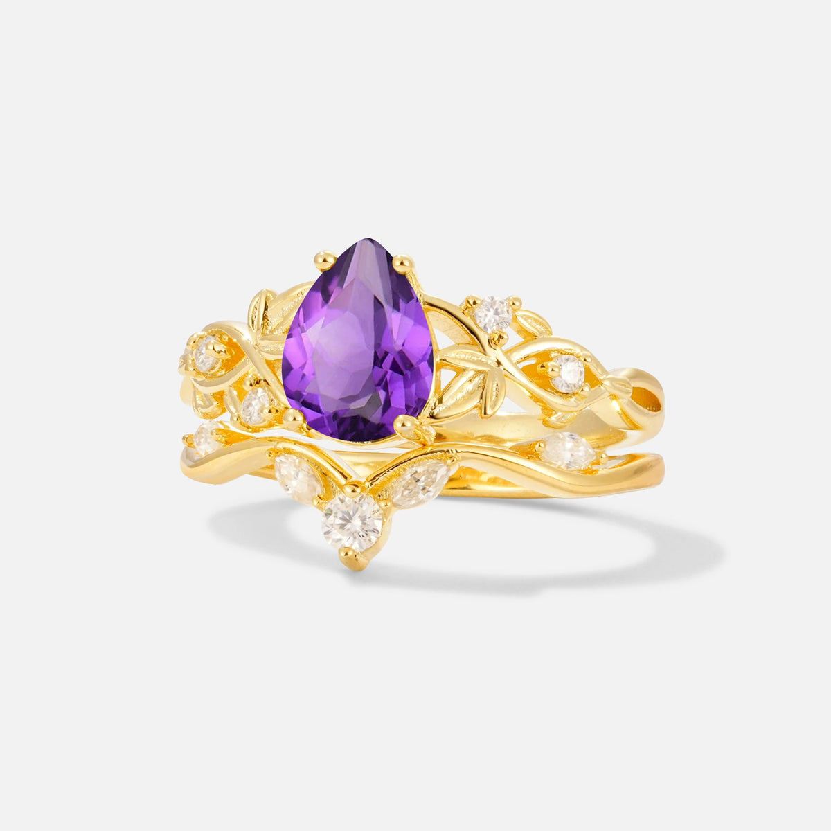 Pear Cut Amethyst Nature-Inspired Bridal Ring Set - Rose-Gold
