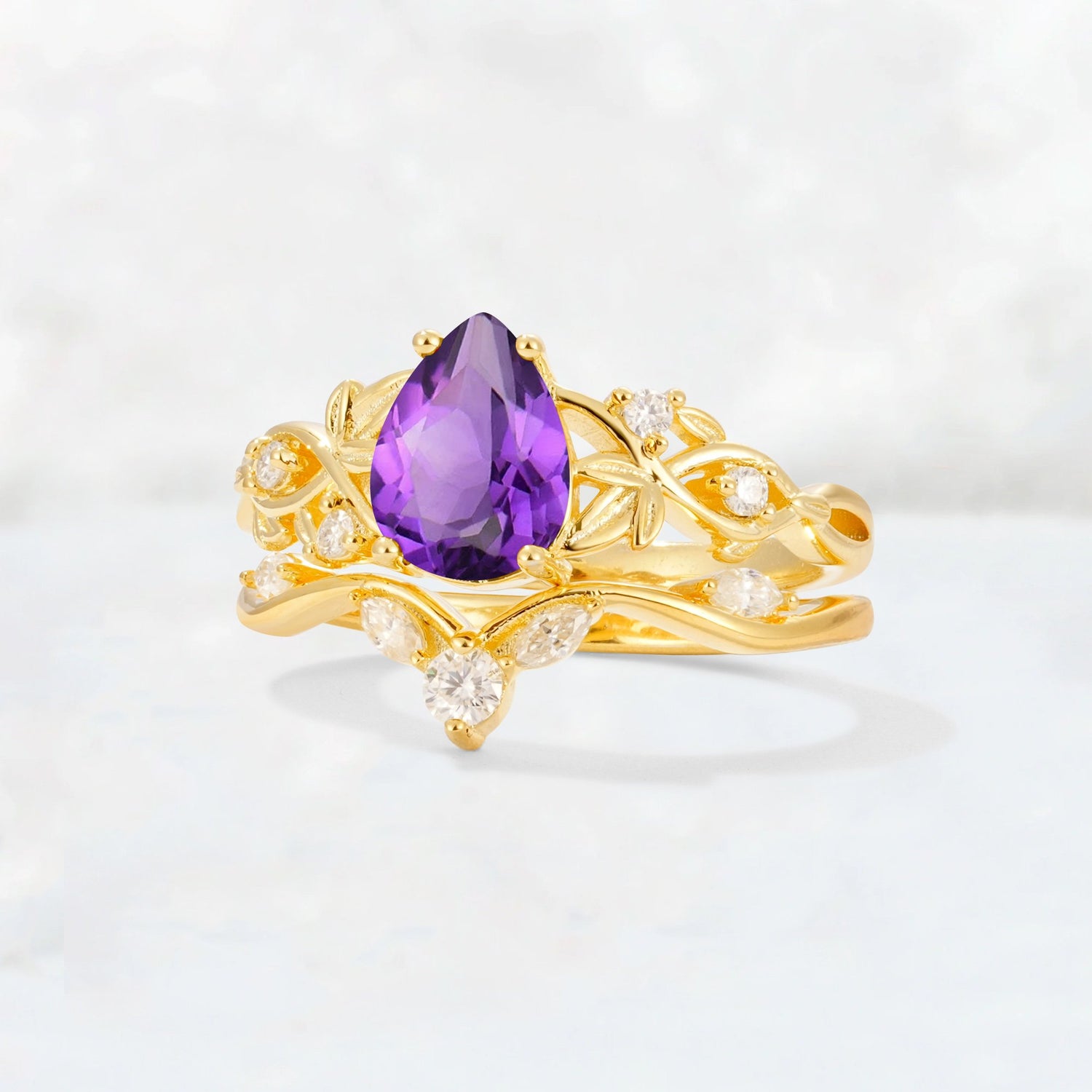 Pear Cut Amethyst Nature-Inspired Bridal Ring Set - Rose-Gold