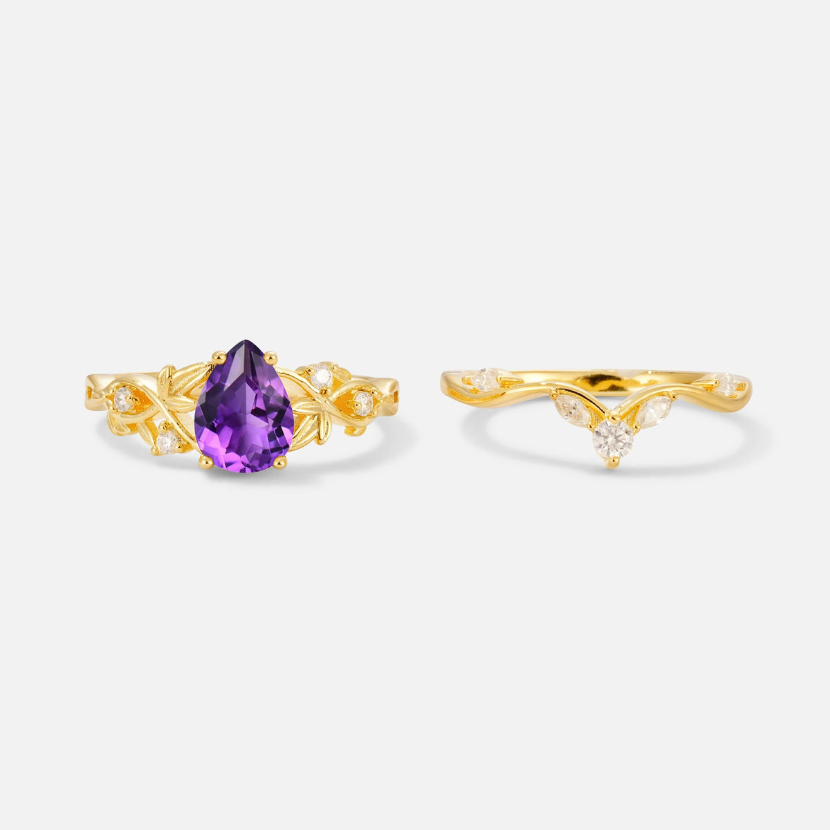 Pear Cut Amethyst Nature-Inspired Bridal Ring Set - White-Gold