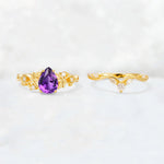 Pear Cut Amethyst Nature-Inspired Bridal Ring Set - White-Gold