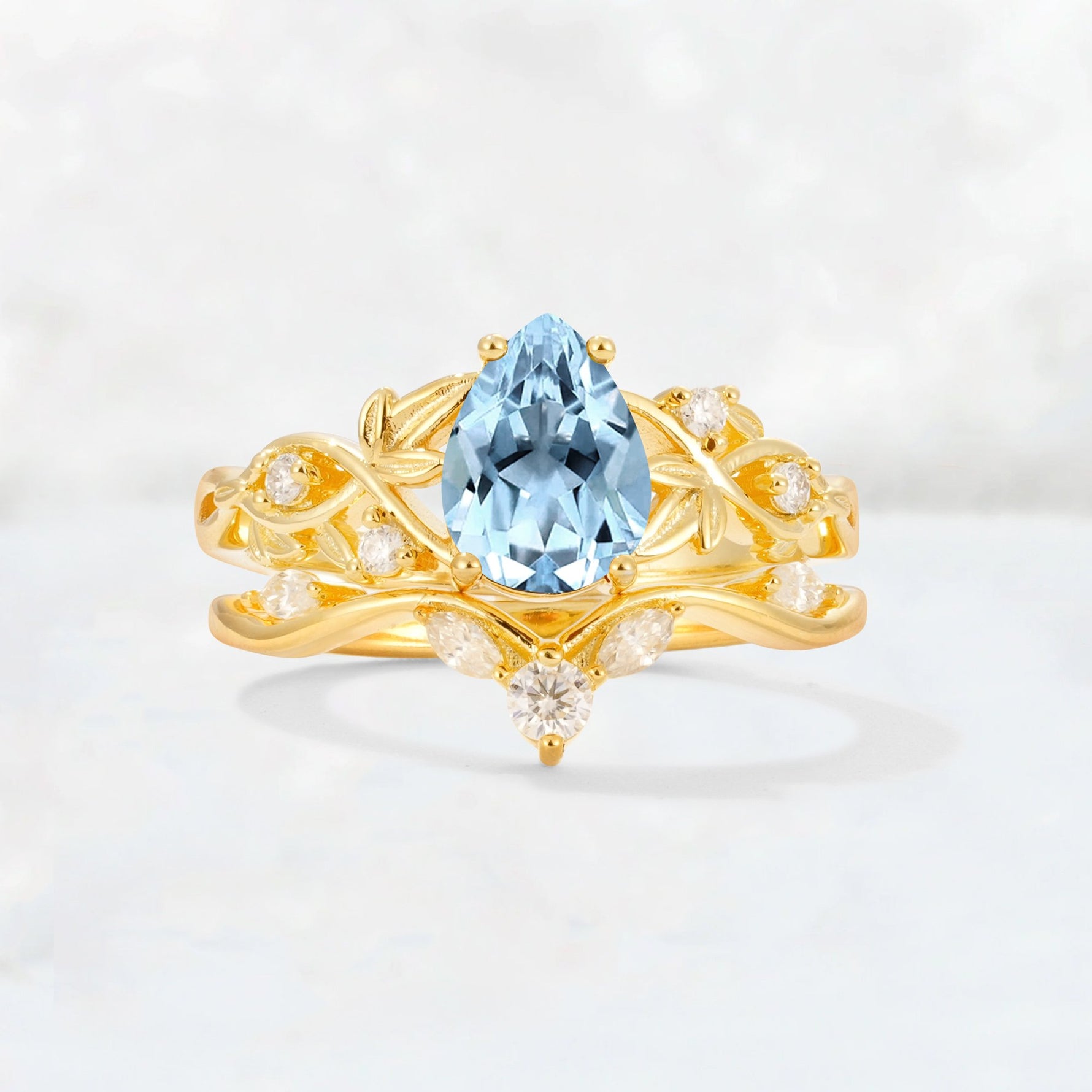 Pear Cut Aquamarine Nature-Inspired Bridal Ring Set - Yellow-Gold