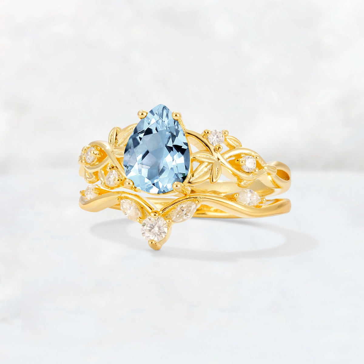 Pear Cut Aquamarine Nature-Inspired Bridal Ring Set - Rose-Gold