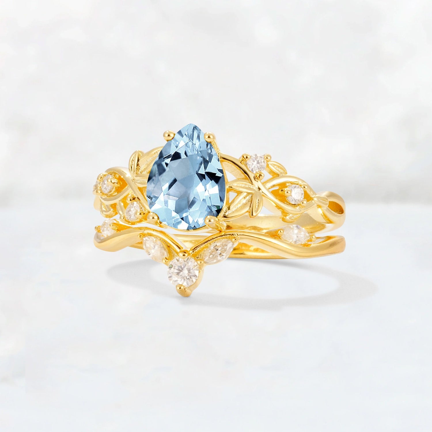 Pear Cut Aquamarine Nature-Inspired Bridal Ring Set - Rose-Gold
