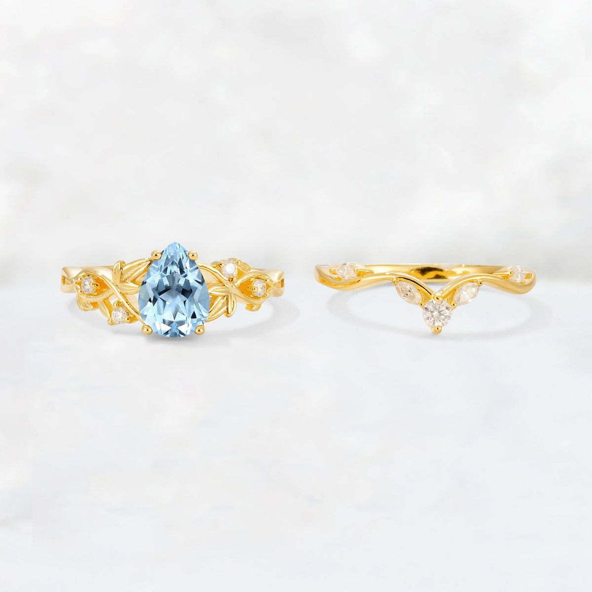 Pear Cut Aquamarine Nature-Inspired Bridal Ring Set - White-Gold
