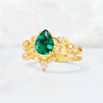 Pear Cut Emerald Nature-Inspired Bridal Ring Set - Rose-Gold