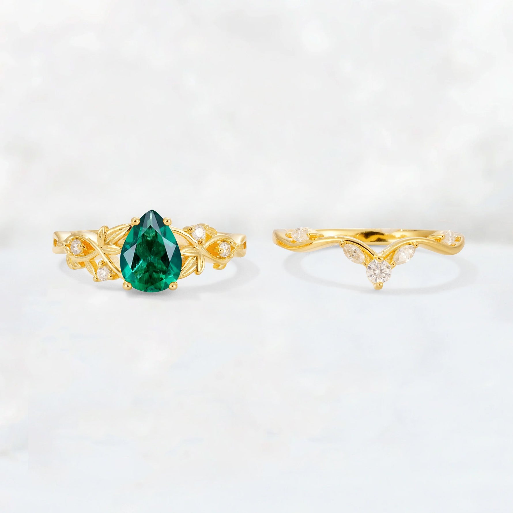 Pear Cut Emerald Nature-Inspired Bridal Ring Set - White-Gold
