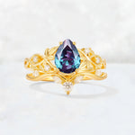 Pear Cut Alexandrite Nature-Inspired Bridal Ring Set - Yellow-Gold